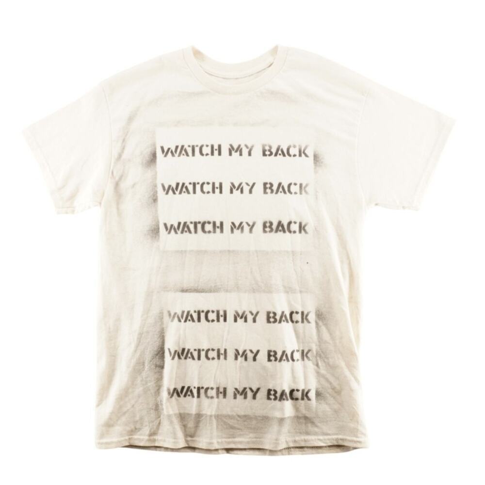 Watch My Back Hand-Painted Graphic Art T-Shirt Beige Abstract Faces Sz L